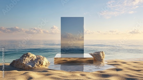 3D render of minimal surreal podium, glass architecture and vivid sands under calm waterscape
