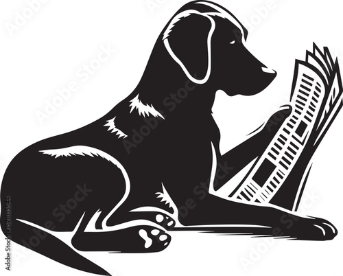 A studious Labrador Retriever engrossed in reading a newspaper perched atop a stack of books, a charming black and white illustration.