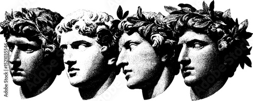 Engraved illustration of classical marble busts with laurel wreaths