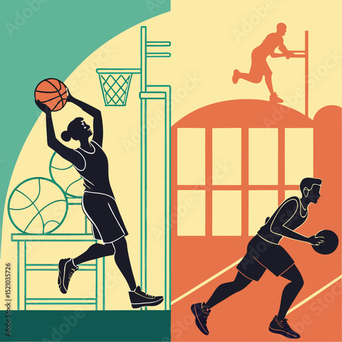 Silhouette illustration of basketball players in action with basketball hoop and court design elements
