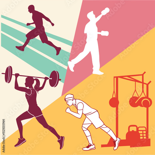 Illustration showing various athletic activities including running, weightlifting, and boxing positions