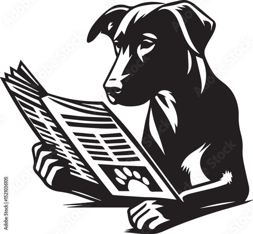 A studious Labrador Retriever engrossed in reading a newspaper perched atop a stack of books, a charming black and white illustration.