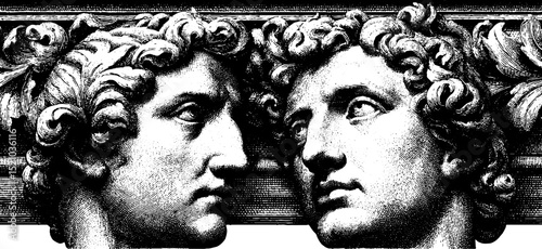 Classical marble busts with ornamental details - engraved art for historical design and decoration