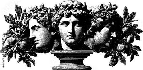 Classical marble busts and ornate decorations engraving for art and design projects