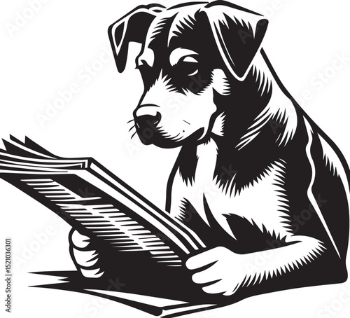 A studious Labrador Retriever engrossed in reading a newspaper perched atop a stack of books, a charming black and white illustration.