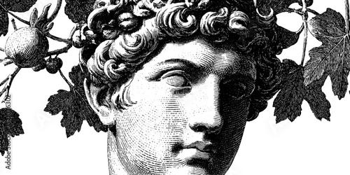 Classical engraving of marble bust with ornamental foliage design