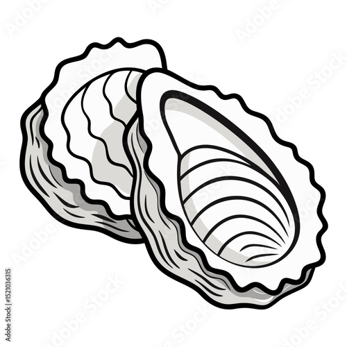 Black and white vector illustration of an open oyster shell. Hand-drawn seafood element in sketch style, ideal for restaurant menus, seafood packaging, or culinary-themed designs.