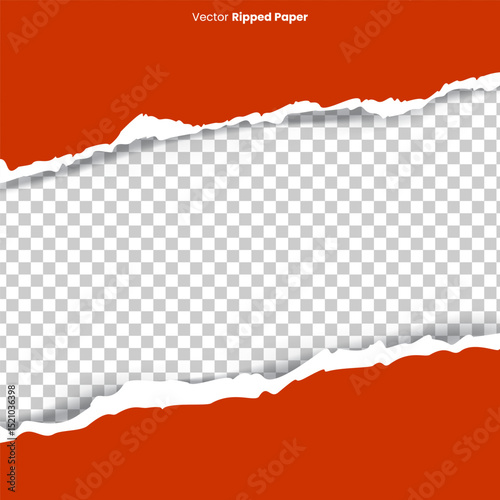 Horizontally ripped red paper with a central gap, simulating a torn opening effect on backgrounds. Perfect for banners, posters, or web graphics.