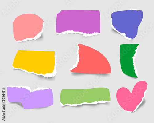 Set of ripped multicolored paper pieces. Various shapes and torn edges for scrapbooking, collages, and decorative backgrounds.