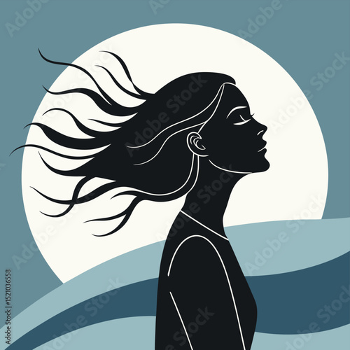 Silhouette of a woman with flowing hair against a moonlit ocean background in blue tones art