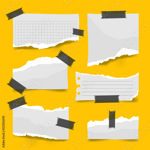 White torn paper sheets with notebook edges, taped with clear or black masking tape. Great for banners, web layouts, or backgrounds.