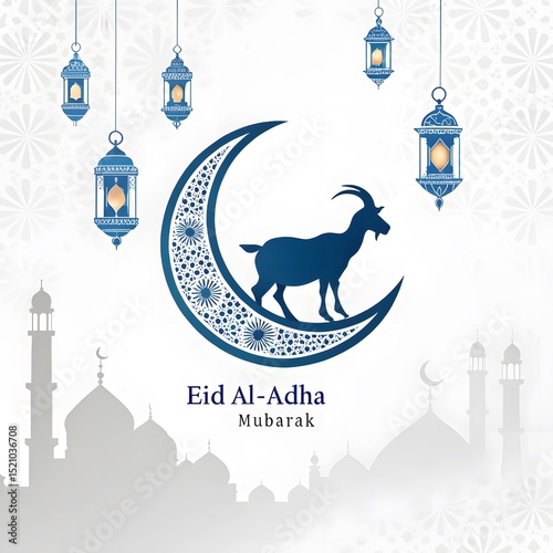 Beautiful eid al-adha mubarak greeting design with crescent moon goat and lanterns