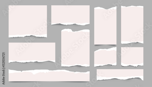 Set of white torn or ripped paper sheets. Realistic notebook edges or scrapbook scraps. Vector illustration for banners, web design, or decorative backgrounds.