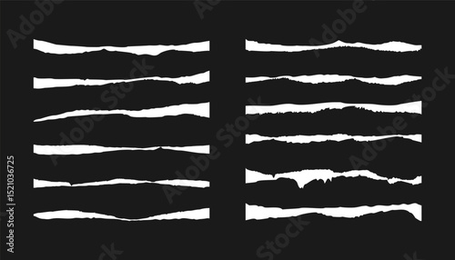 Collection of realistic torn paper edges. Isolated ripped shapes for use in digital design, collages, or overlays.