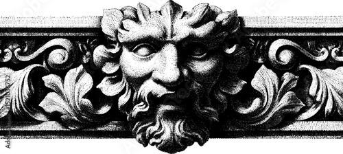 Intricate engraved illustration of classical marble figures with ornate detailing
