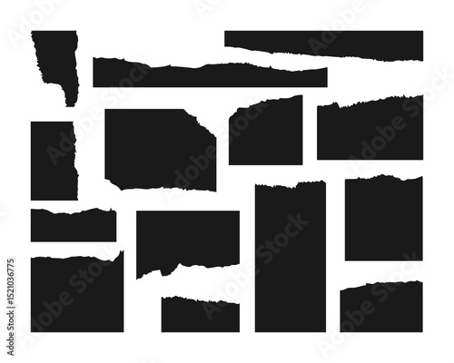 Set of black torn or ripped paper sheets. Realistic notebook edges or scrapbook scraps. Vector illustration for banners, web design, or decorative backgrounds.