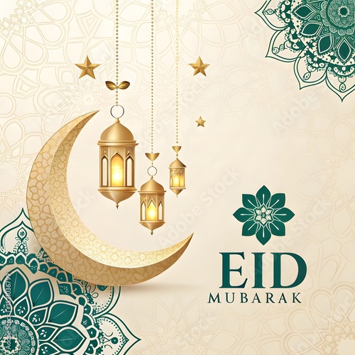 Beautiful eid mubarak celebration design featuring lanterns and crescent moon in warm colors