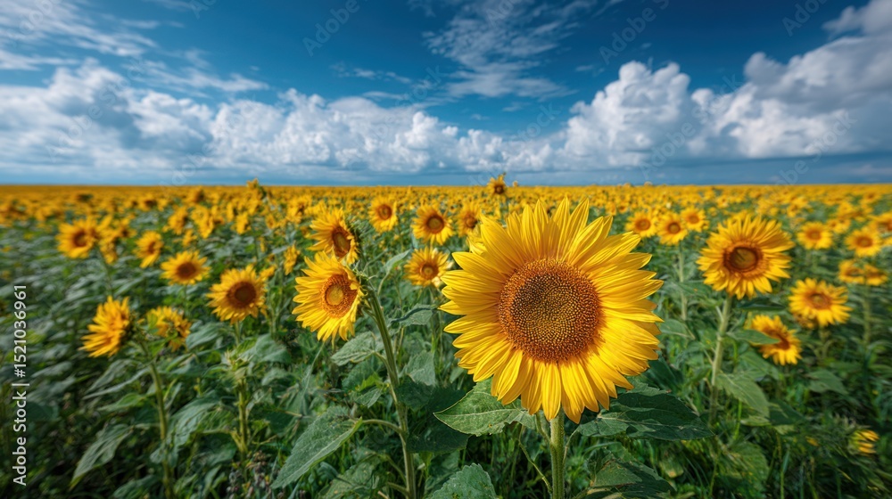 Fototapeta premium Vibrant sunflower field under a blue sky with fluffy white clouds in summertime
