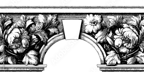 Ornate engraved illustration of marble relief panels with floral design