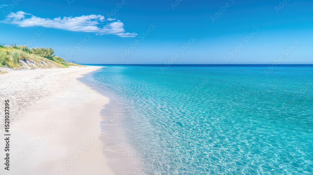 Obraz premium Serene beach scene with clear aqua waters and bright blue sky creates tranquil atmosphere
