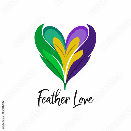 purple, green, and gold feathers arranged in a heart shape