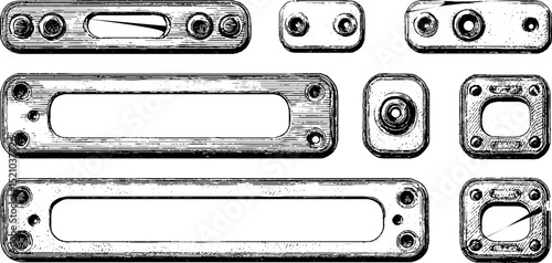 Detailed engraved illustration set of mechanical armatures for engineering and design projects