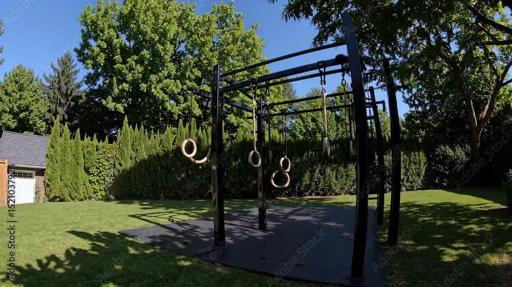 Outdoor fitness setup with black calisthenics bars and gymnastic rings under summer sunlight in green garden, promoting health, movement, and strength building