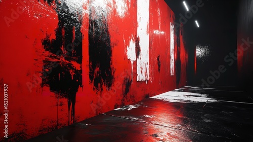 abstract nightmare corridor twisted in dark reds and blacks, distorted perspective, surreal emotional expression
