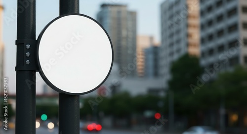 Blank Circular Sign on Urban Pole Against Blurred Cityscape