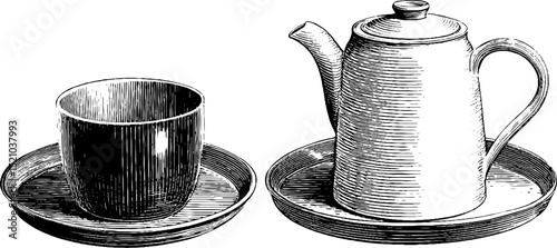 Vintage engraved set of metal tray with tea pot and cup design for decorative use