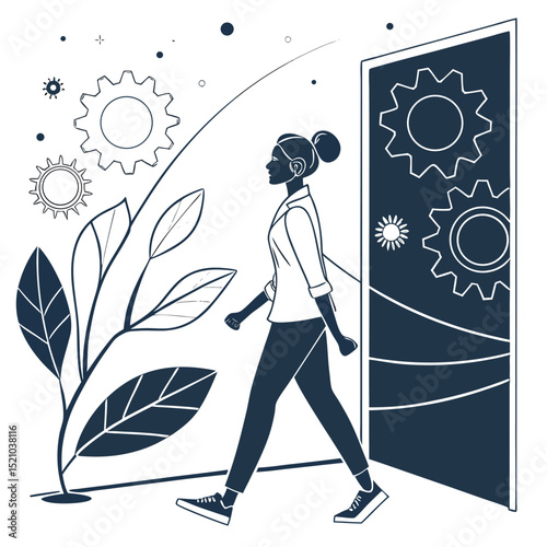 Woman walking towards a door with gears and sun, plant and gears in the background design