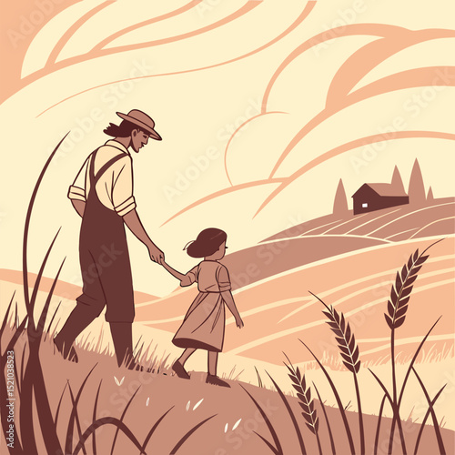 A father and daughter walking hand in hand through a wheat field towards a distant farmhouse view