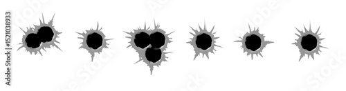Bullet hole template. Damage and cracks on surface from bullet. Vector