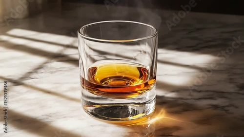 A close-up view of a whiskey glass filled with amber liquid on a marble surface, illuminated by soft light