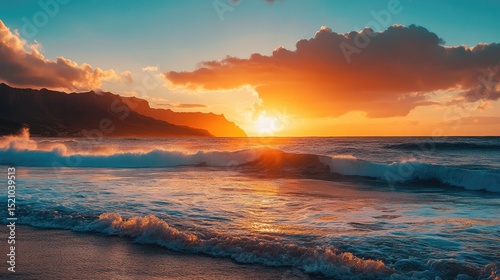 Vibrant Sunset Over Ocean Waves and Mountains
