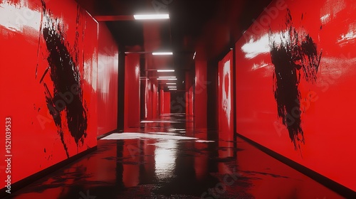 abstract nightmare corridor twisted in dark reds and blacks, distorted perspective, surreal emotional expression