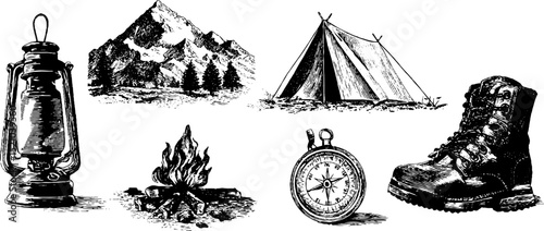 Vintage engraved mountain camping set with lantern, tent, compass, and hiking boot