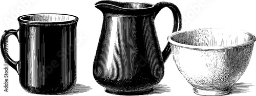 Vintage engraved set of mug, milk jug, and bowl for kitchen decor
