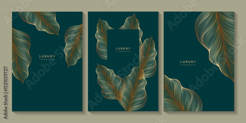 Set of tropical luxury templates with gold leaves. Linear leaf on green background. Botanical wedding invitations with plants. Floral pattern