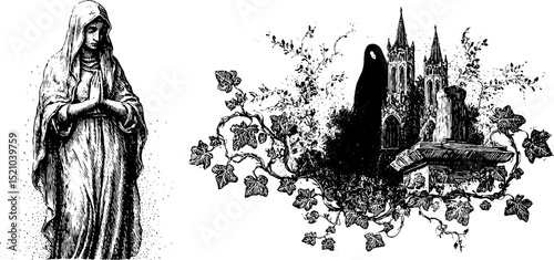 Gothic mourning statues and cathedral scene with ivy vines