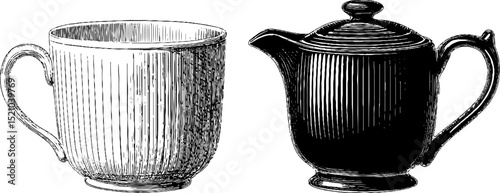 Vintage engraved mug and milk jug set for kitchen decor and design projects