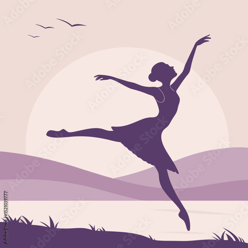Silhouette of a ballerina dancing gracefully against a serene landscape at sunset with birds flying above