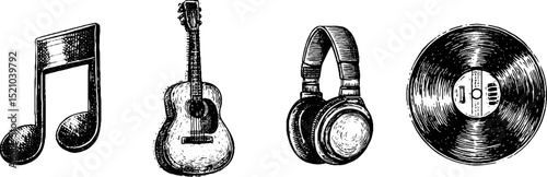 Engraved musical elements collection featuring note, guitar, headphones, and record for music-themed design