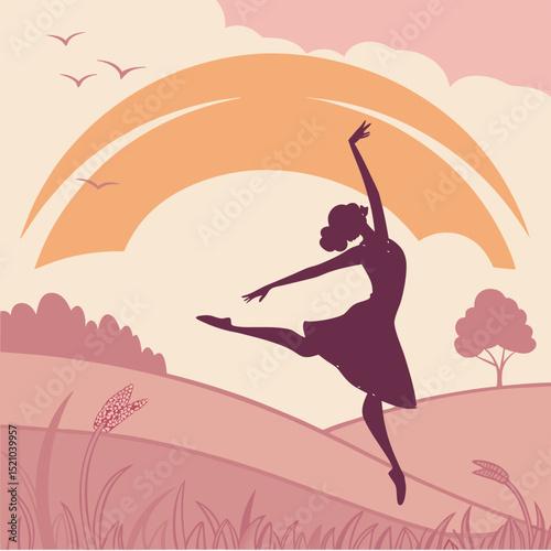 Silhouette of a ballerina dancing in a field with a sun and birds in the background illustration