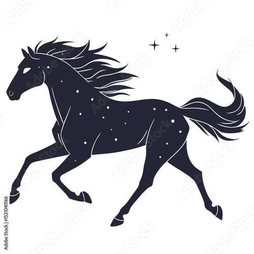 Silhouette of a running horse with stars on its body and three stars above it on a white background