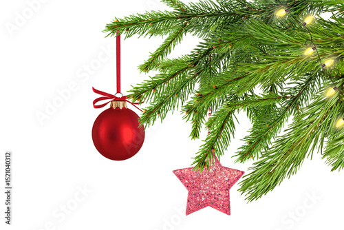 Obraz na plátně Christmas decorations tree branch on corner border, pine branch isolated on transparent background