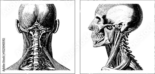 Engraved anatomical illustration of neck muscles and cervical spine