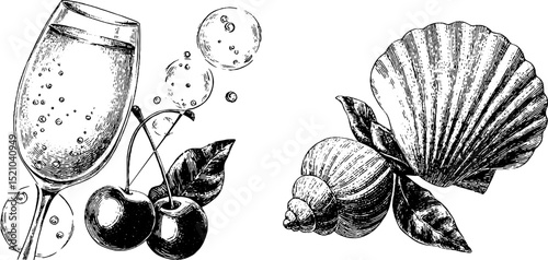 Engraved ocean bubbles and cherry illustration for nautical themed design