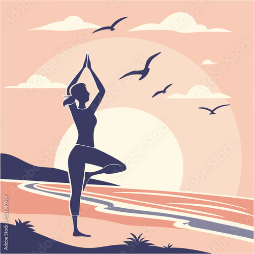 Silhouette of woman in tree pose on beach with birds and sunset in the background illustration
