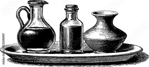 Vintage engraved illustration of oil cruet and vinegar set for culinary design